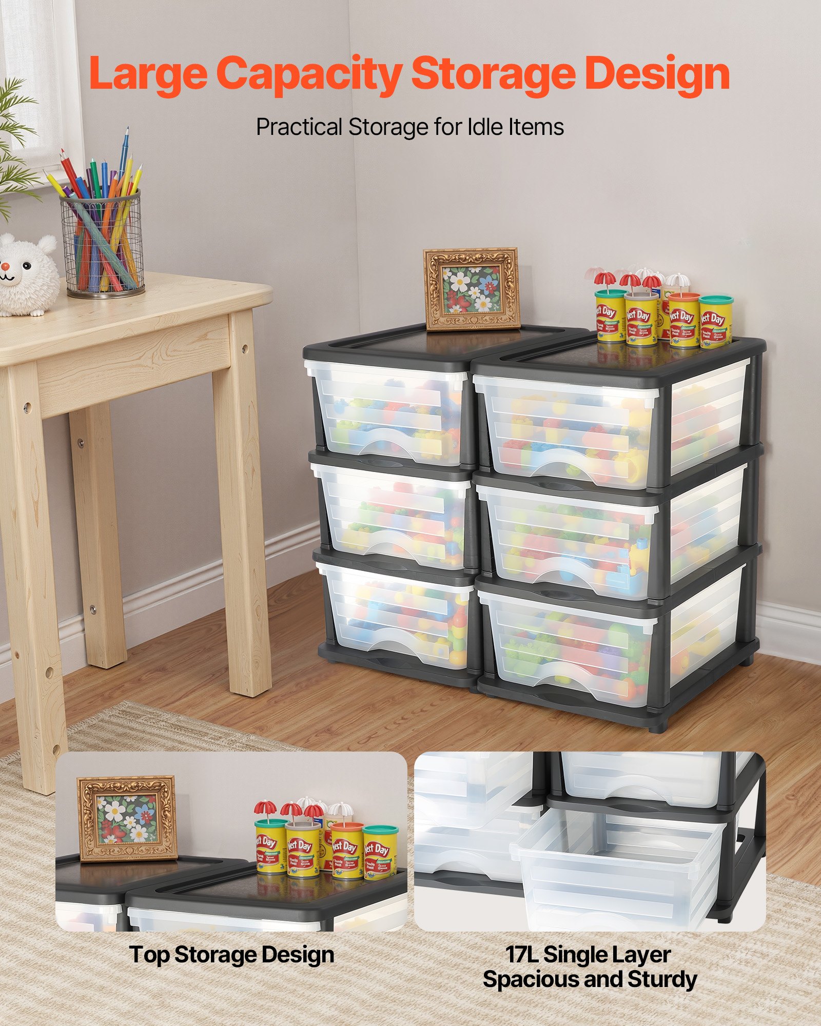 VEVOR Plastic Storage Drawers, 2 Pack Storage Organizer Drawer, 6 Drawers Closet Organization and Storage Dividers, Dresser Organizer Clear Bins for Office Supplies, Craft Rooms, Classrooms and Home