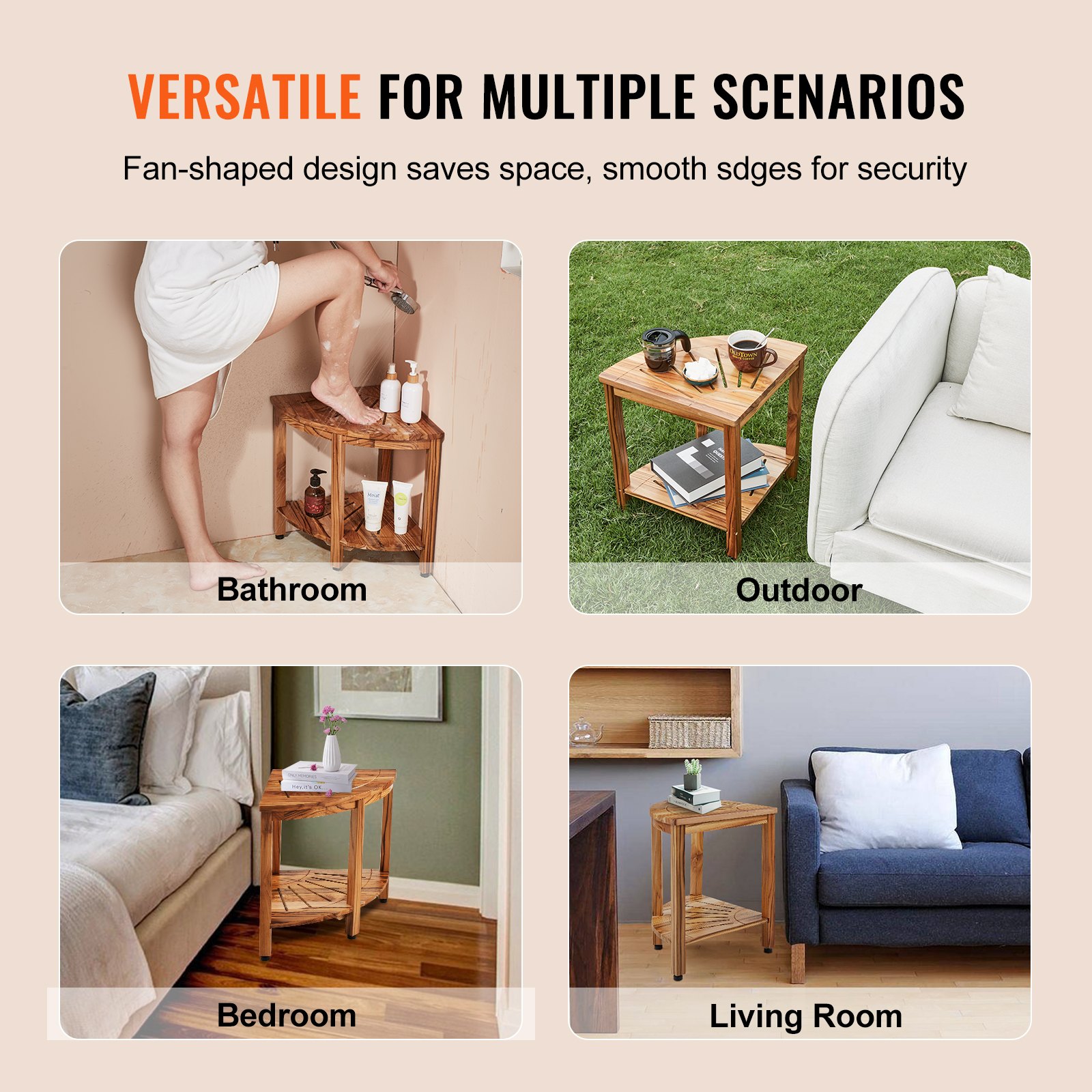 VEVOR Corner Teak Shower Bench, 18.5" Height 15.5" Radius, 100% Teak Wood Corner Shower Beach, Mold-resistant, 500 LBS with Storage Shelf, Shower Stool for Inside & Outside Shower, for Bathroom