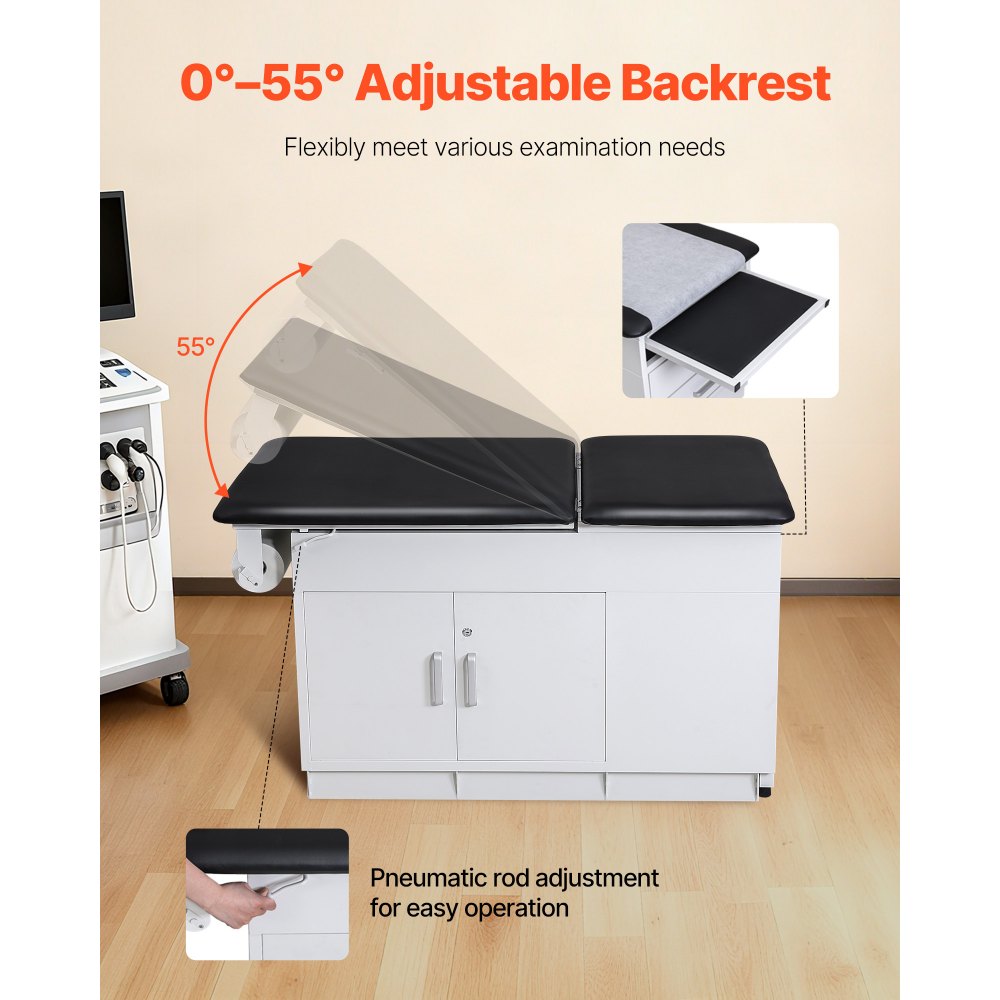 VEVOR onderzoekstafel 227 kg, verstelbare tafel, behandeltafel met verstelbare rugleuning, afsluitbare kast, 2 lades, papierrolhouder, opstapje en beensteun, 1380x700x780 mm