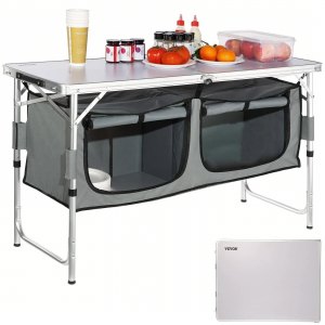 WOLTU faltbar Campingschrank Campingküche inkl.Tragetasche mit Aluminiumgestell Reiseküche tragbar/klappbar Outdoor Campingmöbel aus Alu und MDF für Picknick Strand im Freien, Weiß Grau