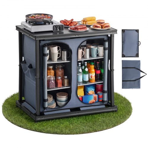 VEVOR opvouwbare campingkeuken, draagbare campingkast met 6 planken, extern vak en MDF-tafelblad, draagvermogen tot 30 kg, keukenstation voor picknicks, barbecues, feesten, kamperen en camperreizen.