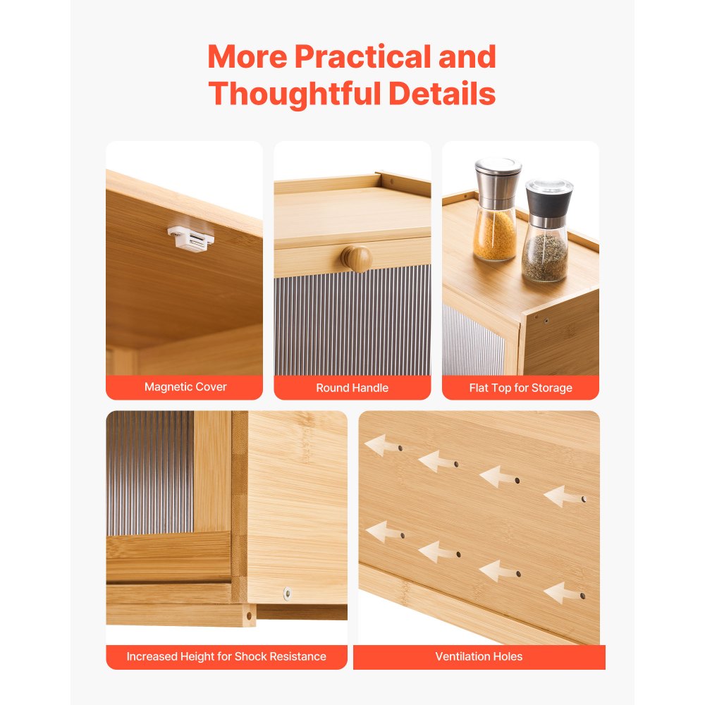 VEVOR Bread Box for Kitchen Counter, Large Capacity Bamboo Bread Storage Container, Farmhouse Wooden Breadbox Organizer for Homemade Bread, Storage Holder Bin with Acrylic Wavy Door Panel, Natural