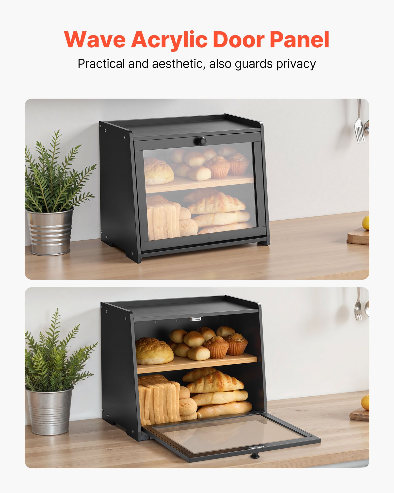 VEVOR Dubbellaagse broodtrommel voor aanrecht, broodtrommel, broodtrommelorganizer van hout voor zelfgebakken brood, opbergcontainer met gegolfd acryl deurpaneel, broodopslag zwart