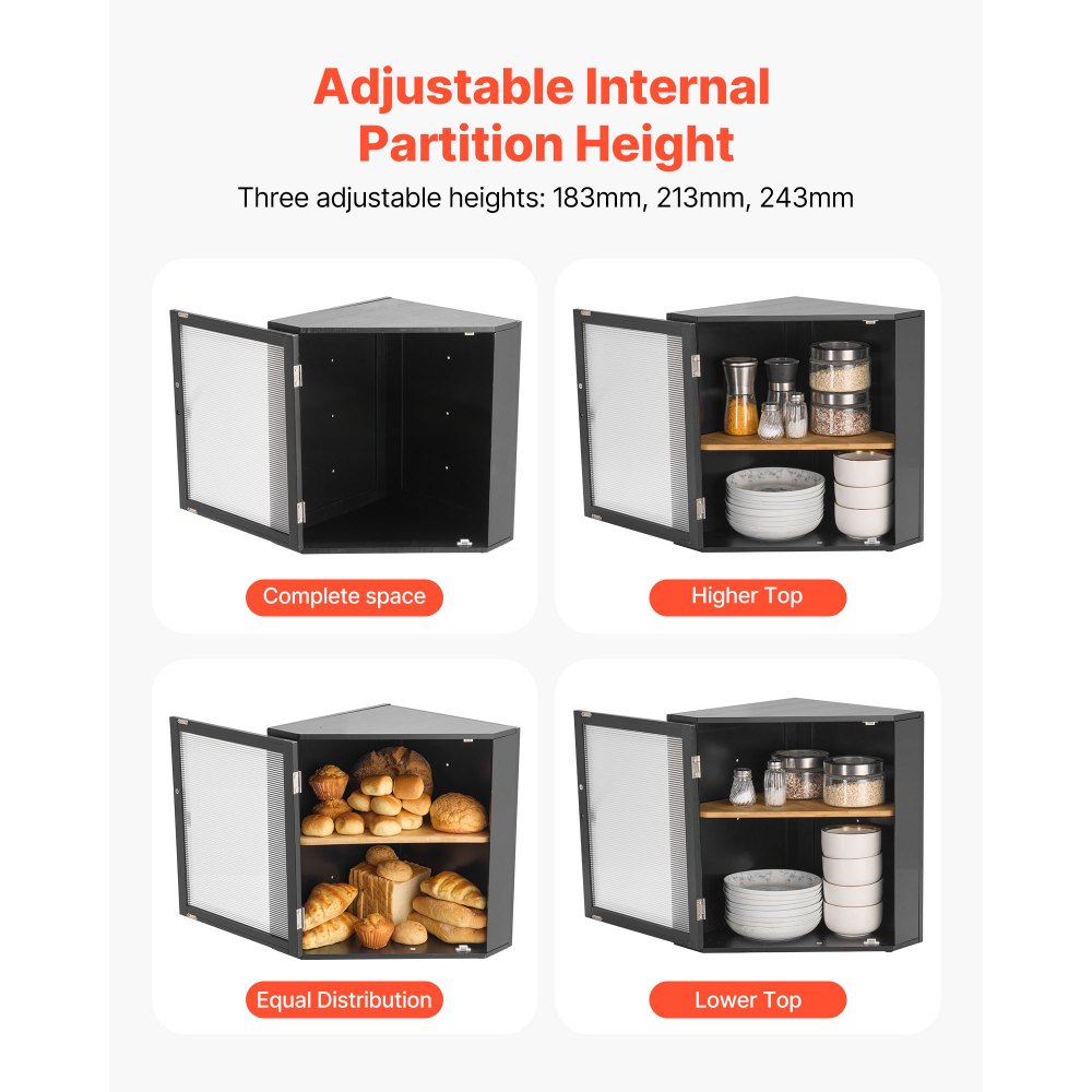 VEVOR Corner Bread Box for Kitchen Counter, Double Layer Large Capacity Bamboo Bread Storage Container, Farmhouse Wooden Breadbox for Homemade Bread, Storage Holder Bin with Acrylic Wavy Door, Black