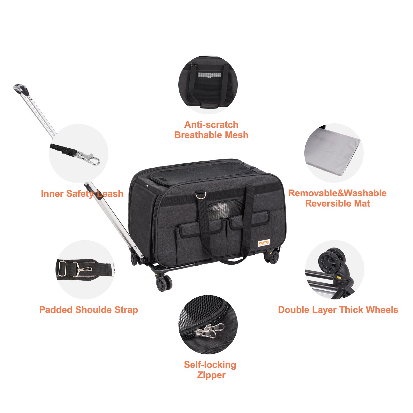 VEVOR Cat Carrier with Wheels, Rolling Pet Carrier with Telescopic Handle and Shoulder Strap, Dog Carrier with Wheels for Pets under 35 lbs, with 1 Folding Bowl, Black