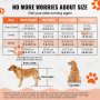 VEVOR dog wheelchair size chart with measurements for back height, hip width, body length, and pet weight.