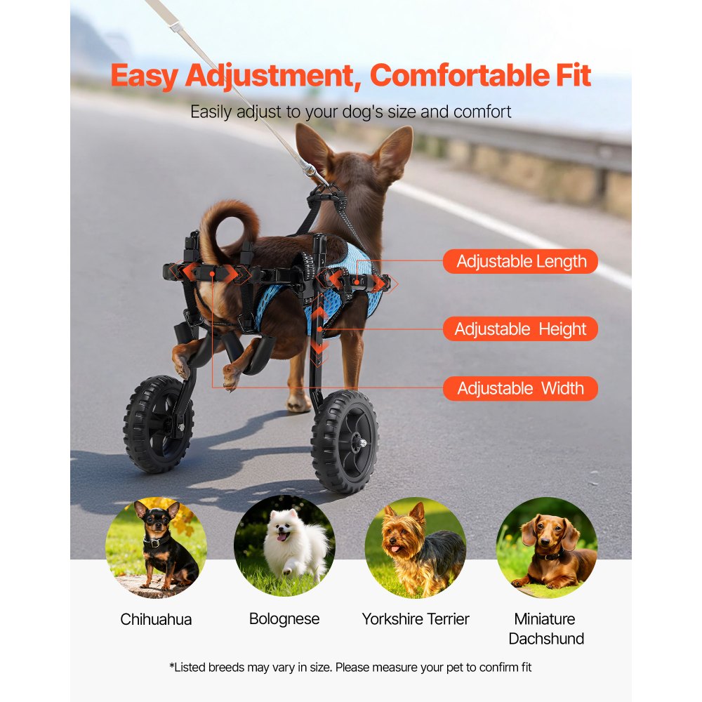 VEVOR Hondenrolstoel voor achterpoten, Verstelbare rolstoel voor huisdieren, Lichtgewicht hondenbuggy met schokabsorberende wielen, Ondersteunende rolstoelen voor gehandicapten, Gewonde honden tot 10 kg, XS