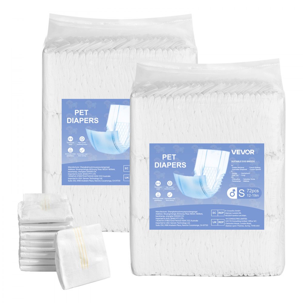 VEVOR Disposable Male Dog Diapers, Super Absorbent Male Dog Wraps, 360 ° Leak-Proof Belly Bands with Wetness Indicator for Doggies in Heat, Training, Incontinence - S, 144 Count (2 Packs of 72)