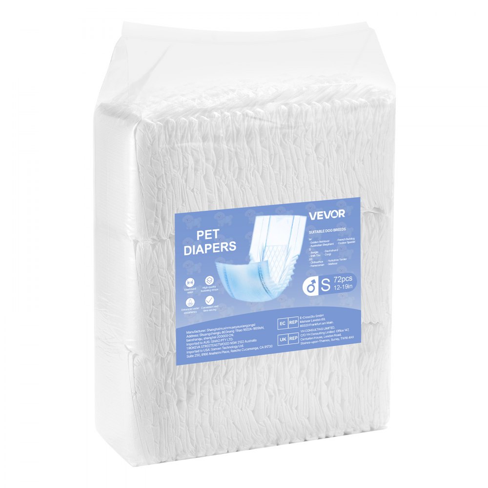 VEVOR Disposable Male Dog Diapers, Super Absorbent Male Dog Wraps, 360 ° Leak-Proof Belly Bands with Wetness Indicator for Doggies in Heat, Training, Incontinence - S, 144 Count (2 Packs of 72)