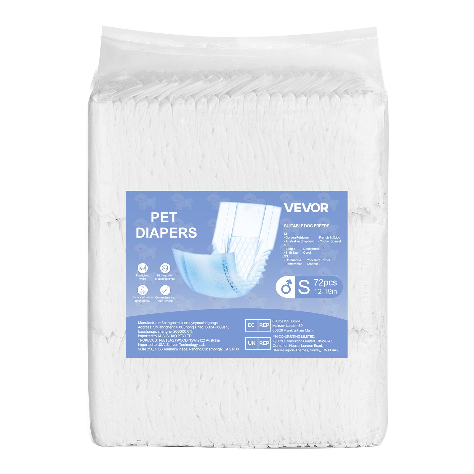 VEVOR Disposable Male Dog Diapers, Super Absorbent Male Dog Wraps, 360 ° Leak-Proof Belly Bands with Wetness Indicator for Doggies in Heat, Training, Incontinence - S, 144 Count (2 Packs of 72)