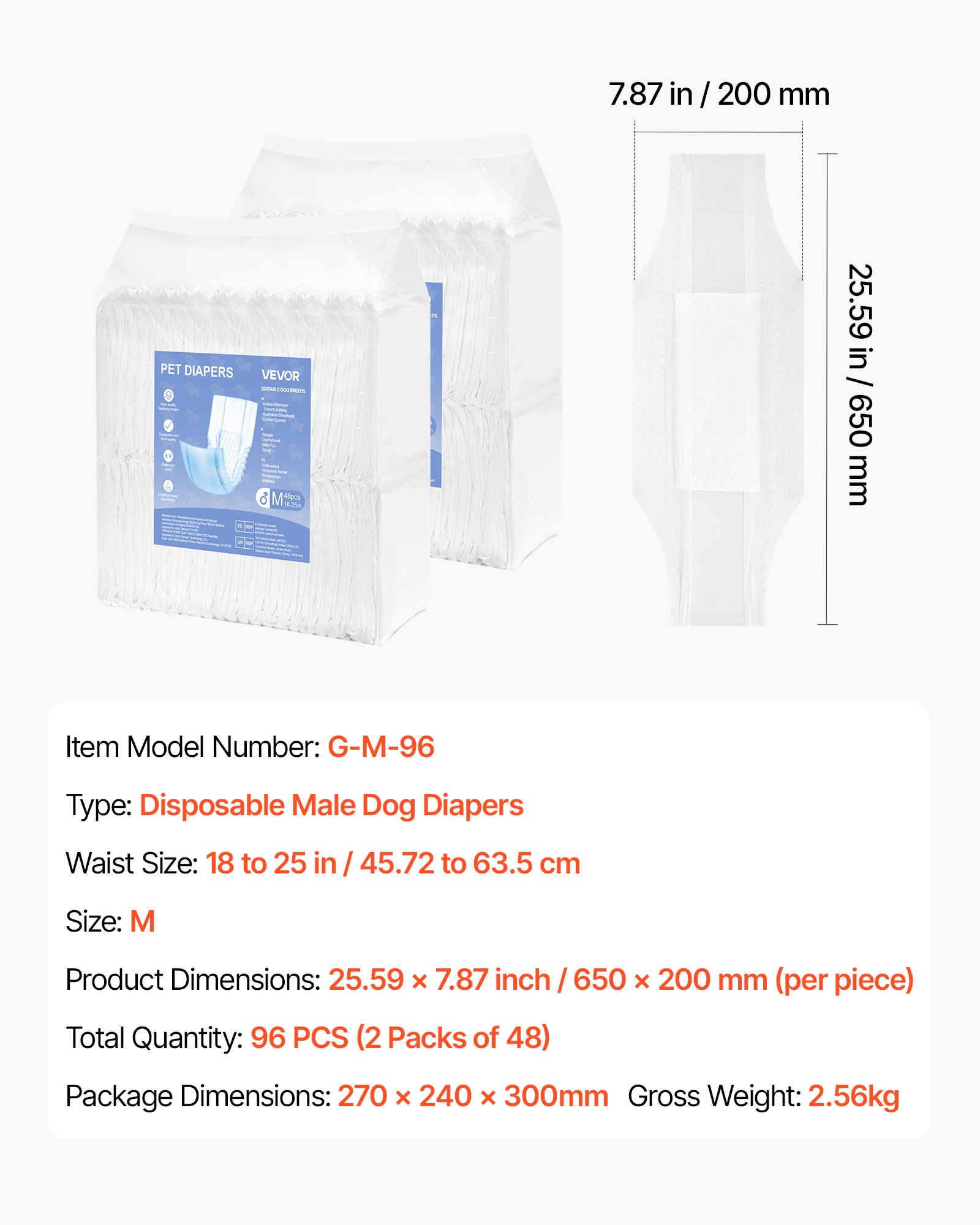 VEVOR Disposable Male Dog Diapers, Super Absorbent Male Dog Wraps, 360 ° Leak-Proof Belly Bands with Wetness Indicator for Doggies in Heat, Training, Incontinence - M, 96 Count (2 Packs of 48)