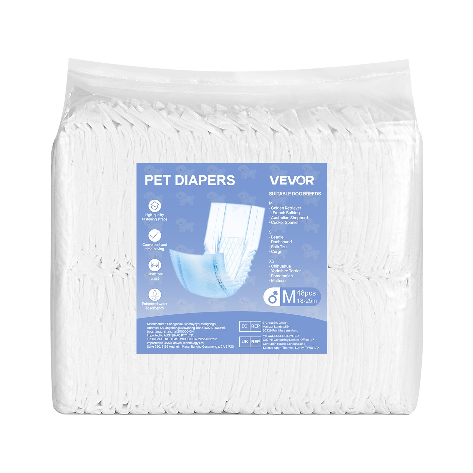VEVOR Disposable Male Dog Diapers, Super Absorbent Male Dog Wraps, 360 ° Leak-Proof Belly Bands with Wetness Indicator for Doggies in Heat, Training, Incontinence - M, 96 Count (2 Packs of 48)