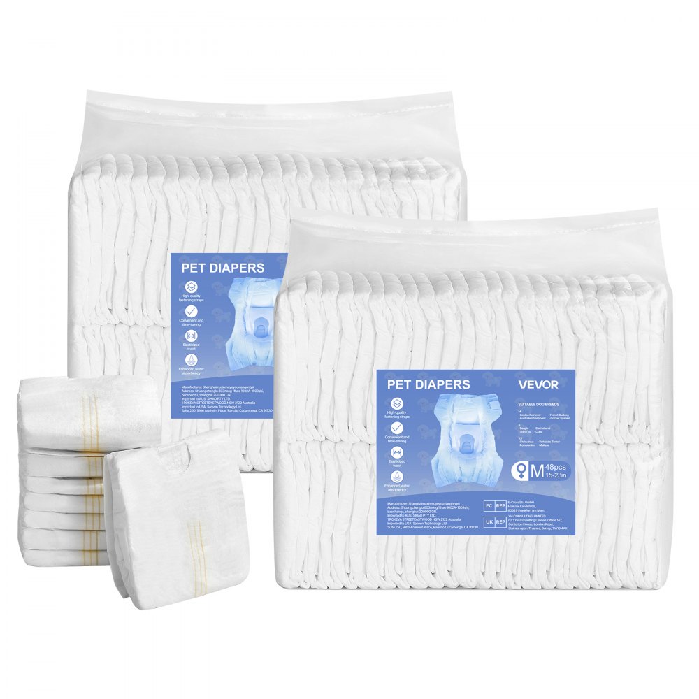 VEVOR Disposable Dog Diapers, Super Absorbent Female Dog Diapers, 360° Leak-Proof Female Doggy Pet Diaper with Wetness Indicator for Heat Period, Training, Incontinence - M, 96 Count (2 Packs of 48)