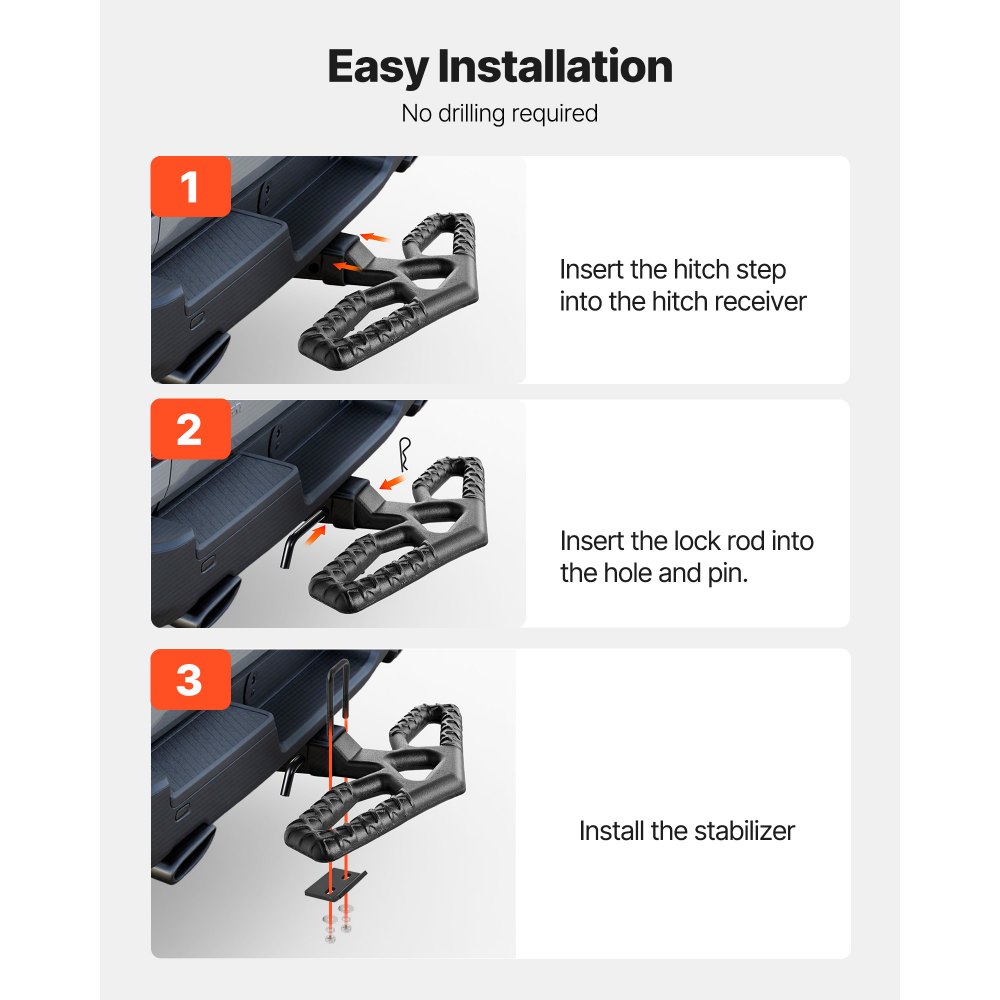 VEVOR Hitch Step for 2 Inch Receiver, Universal Rear Bumper Guard Protector with 350 LBS Load Capacity, Wide & Non-Slip Tow Hitch Step with Pin Kit and Stabilizer, Fit for Truck, SUV, Pickup, Trailer
