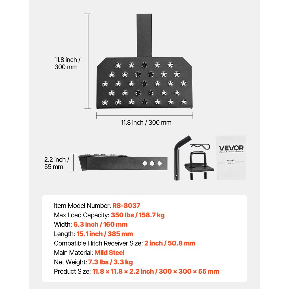 VEVOR Trekhaakopstap voor 50,8 mm trekhaakkoppelingen, achterbumperbeschermer met een draagvermogen van 158,7 kg, antislip trekhaakopstap met pinnen en stabilisator, voor vrachtwagens, SUV's, pick-ups en aanhangers.