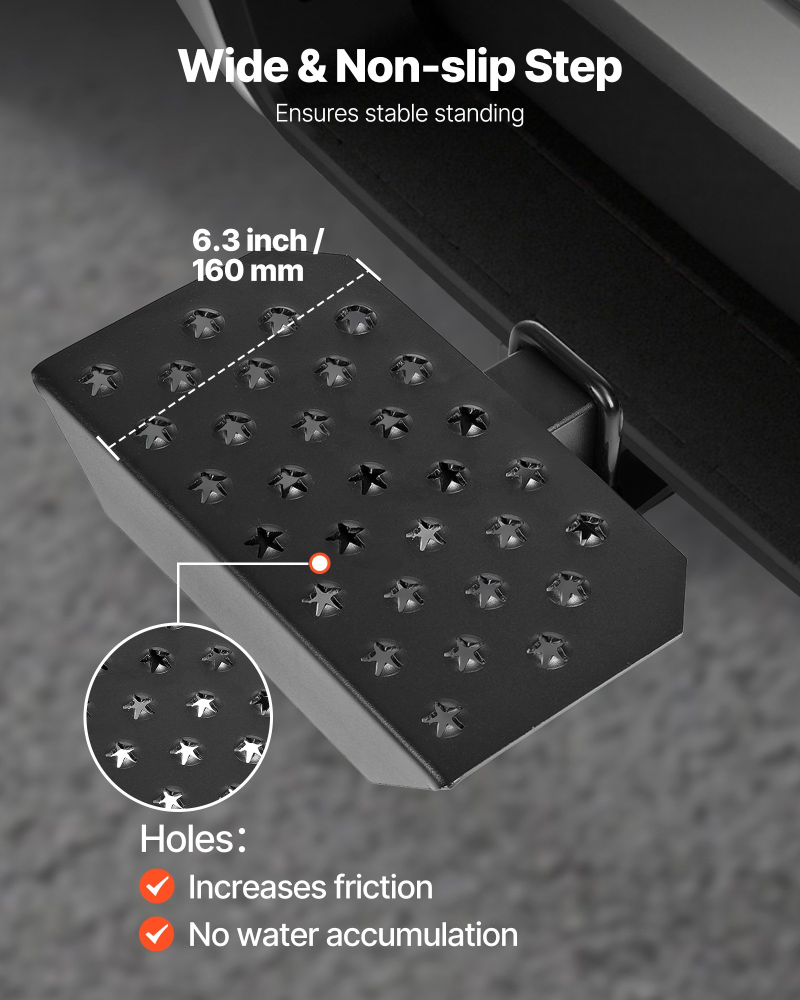 VEVOR Trekhaakopstap voor 50,8 mm trekhaakkoppelingen, achterbumperbeschermer met een draagvermogen van 158,7 kg, antislip trekhaakopstap met pinnen en stabilisator, voor vrachtwagens, SUV's, pick-ups en aanhangers.