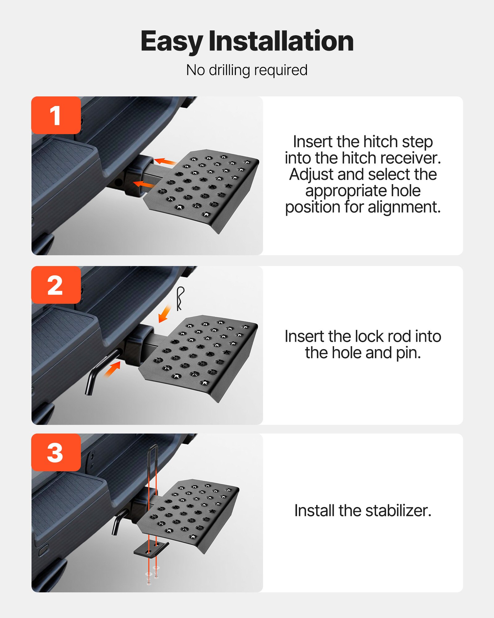 VEVOR Trekhaakopstap voor 50,8 mm trekhaakkoppelingen, achterbumperbeschermer met een draagvermogen van 158,7 kg, antislip trekhaakopstap met pinnen en stabilisator, voor vrachtwagens, SUV's, pick-ups en aanhangers.