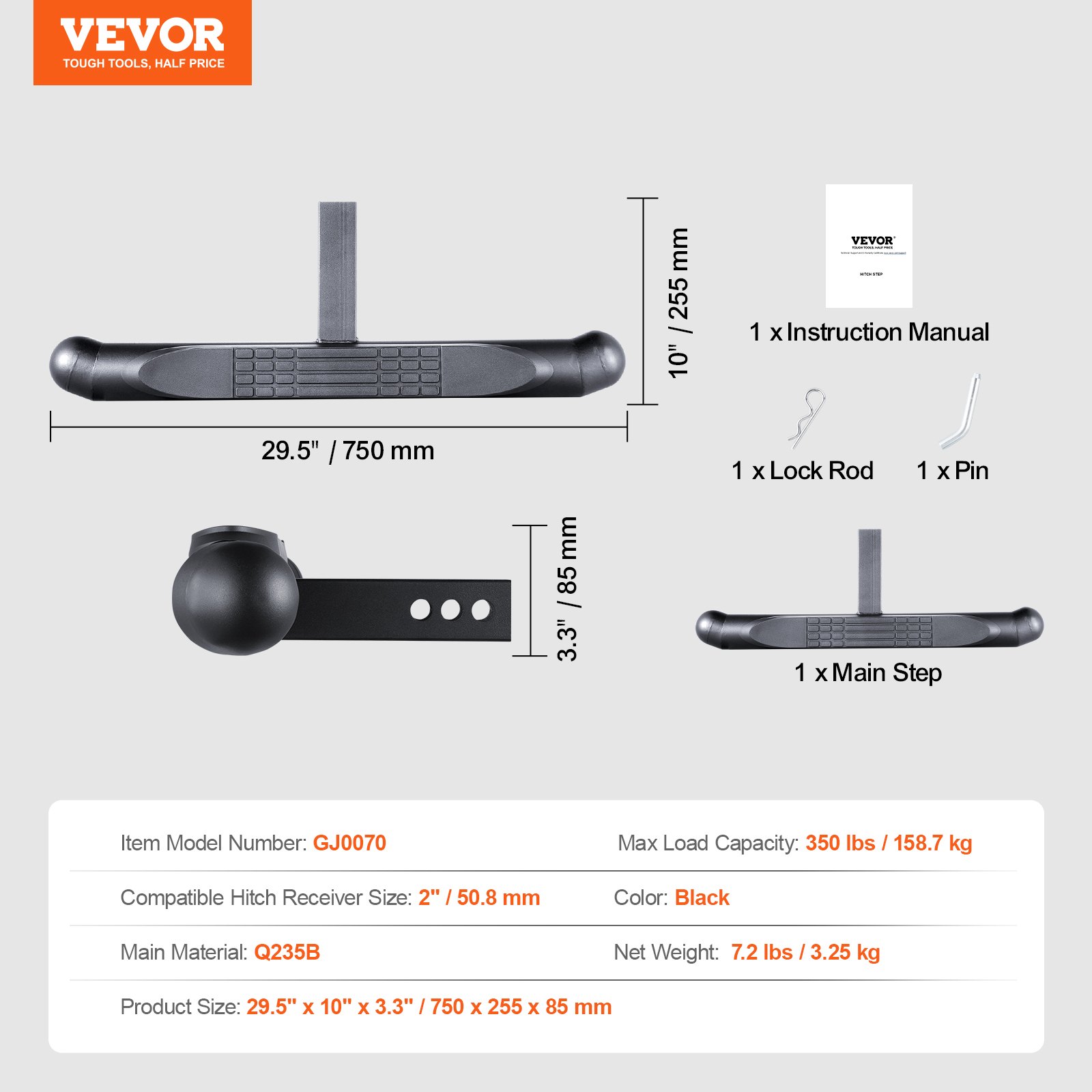 VEVOR Hitch Step for 2 Inch Receiver, Strong Steel Construction with 350 LBS Load Capacity, Rear Bumper Guard Protector with Pin Lock, Universal Fit for Truck, SUV, Pickup, Trailer