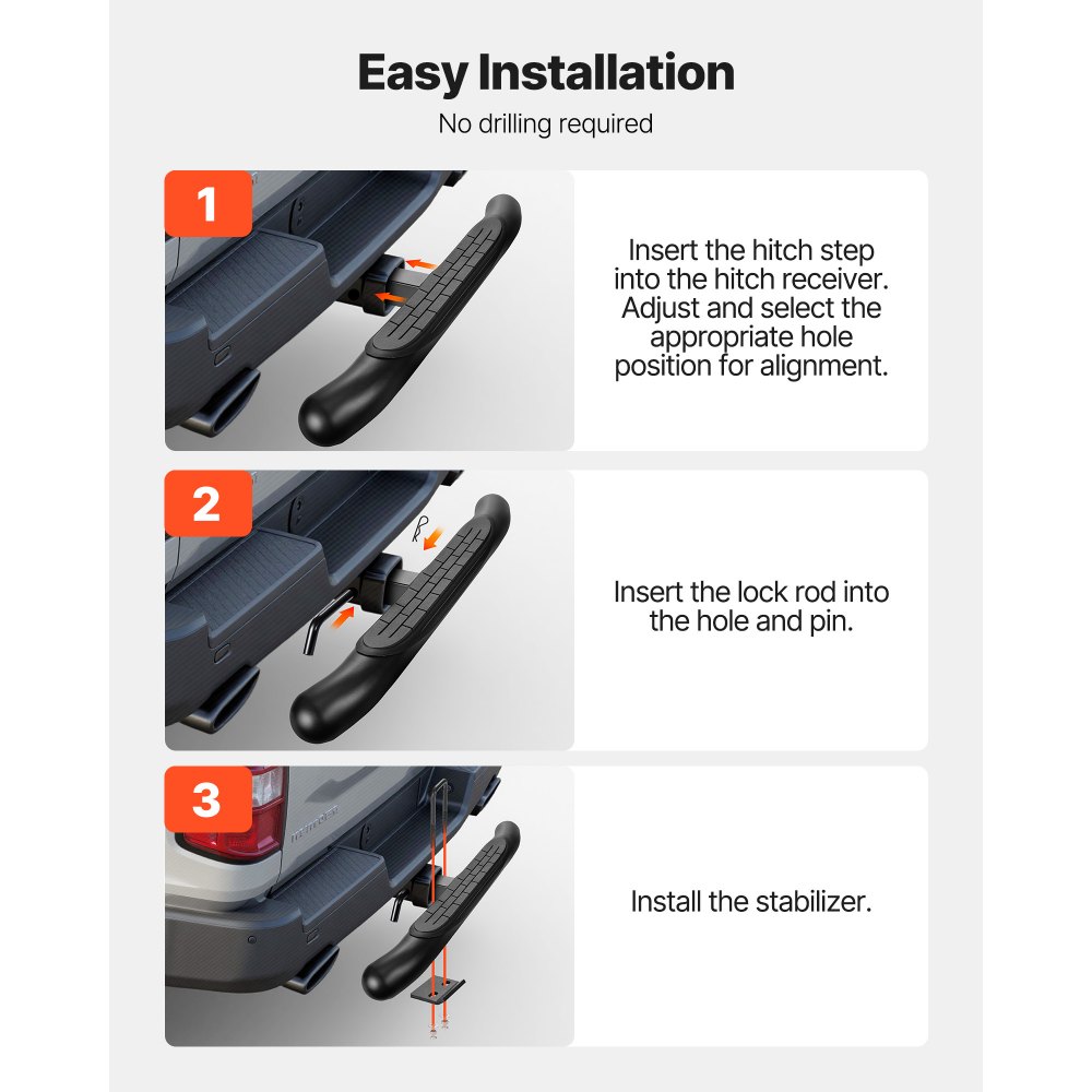 VEVOR Trekhaakopstap voor 50,8 mm trekhaakkoppelingen, universele achterbumperbeschermer (draagvermogen 158,7 kg), antislip trekhaakopstap met pinnen en stabilisator, voor vrachtwagens, SUV's en pick-ups
