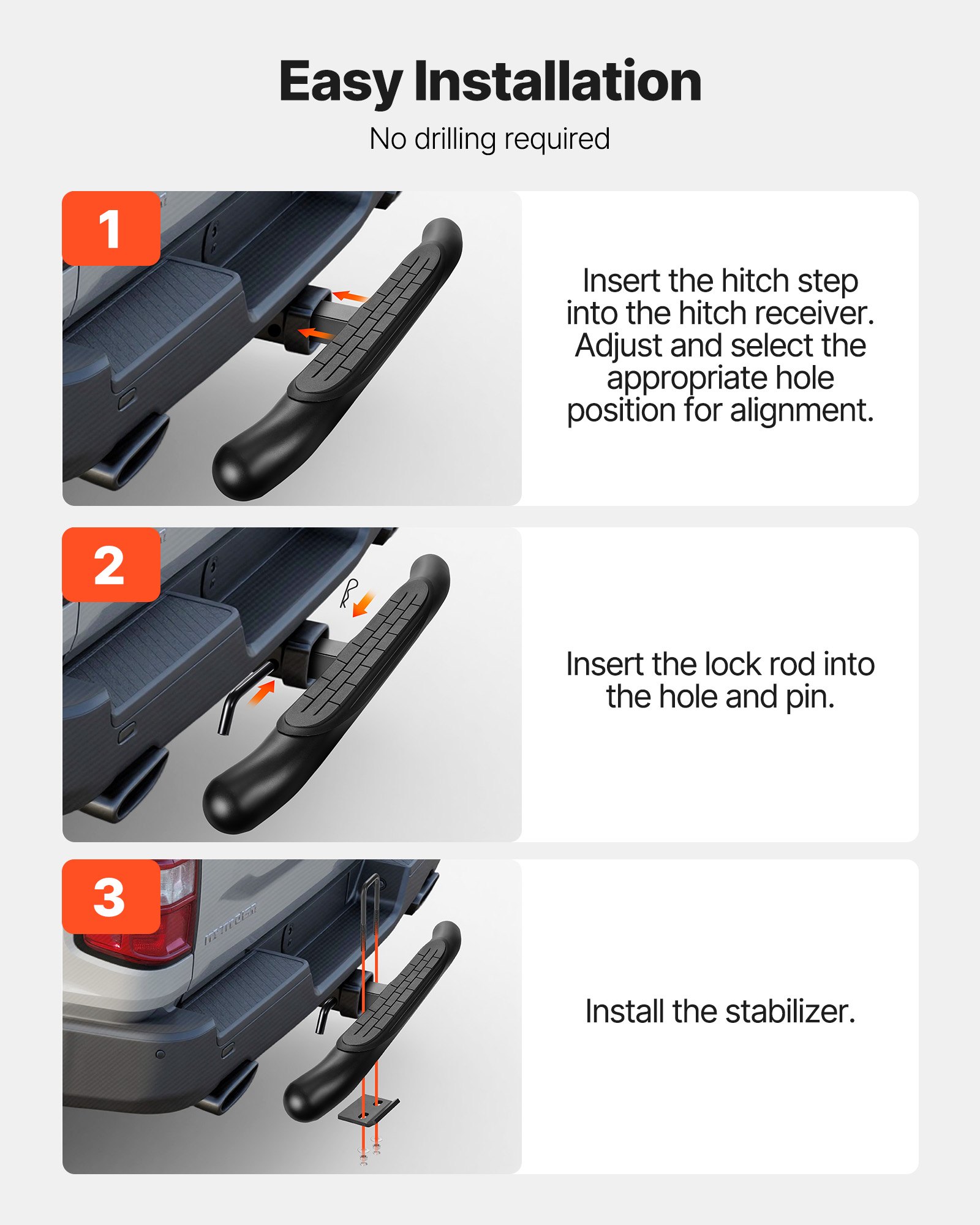 VEVOR Trekhaakopstap voor 50,8 mm trekhaakkoppelingen, universele achterbumperbeschermer (draagvermogen 158,7 kg), antislip trekhaakopstap met pinnen en stabilisator, voor vrachtwagens, SUV's en pick-ups