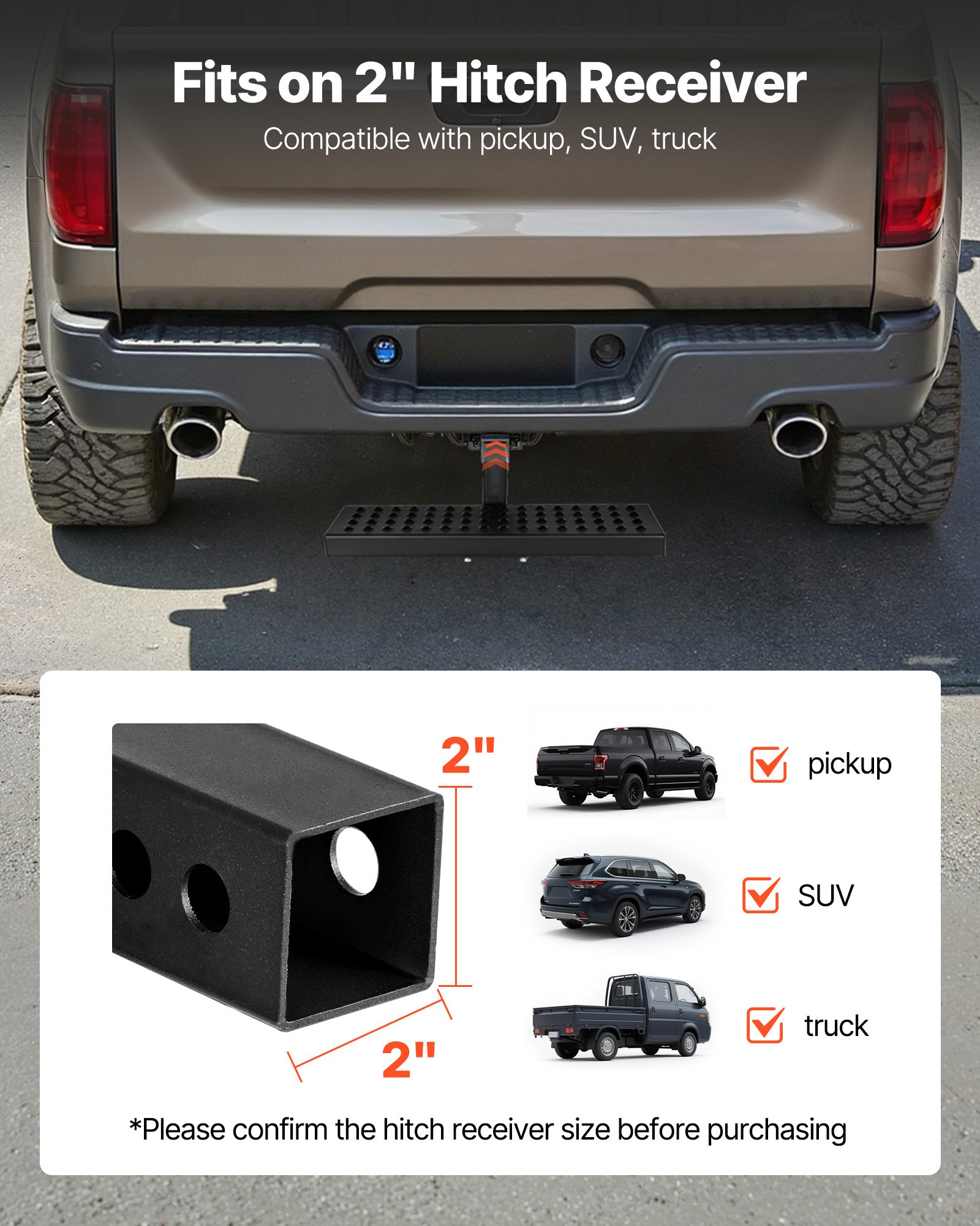 VEVOR Hitch Step for 2 Inch Receiver, Universal Rear Bumper Guard Protector with 350 LBS Load Capacity, Wide & Non-Slip Tow Hitch Step with Pin Kit and Stabilizer, Fit for Pickup, Trailer, Truck, SUV