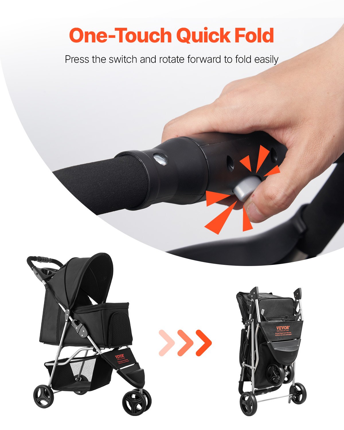 VEVOR Pet Stroller, 35 lbs Weight Capacity, Foldable Dog Stroller Cart, 3 Wheels Cats Stroller with Mesh Windows and Cup Holders, Portable Pet Carrier Stroller with Brake, for Small to Medium Pets