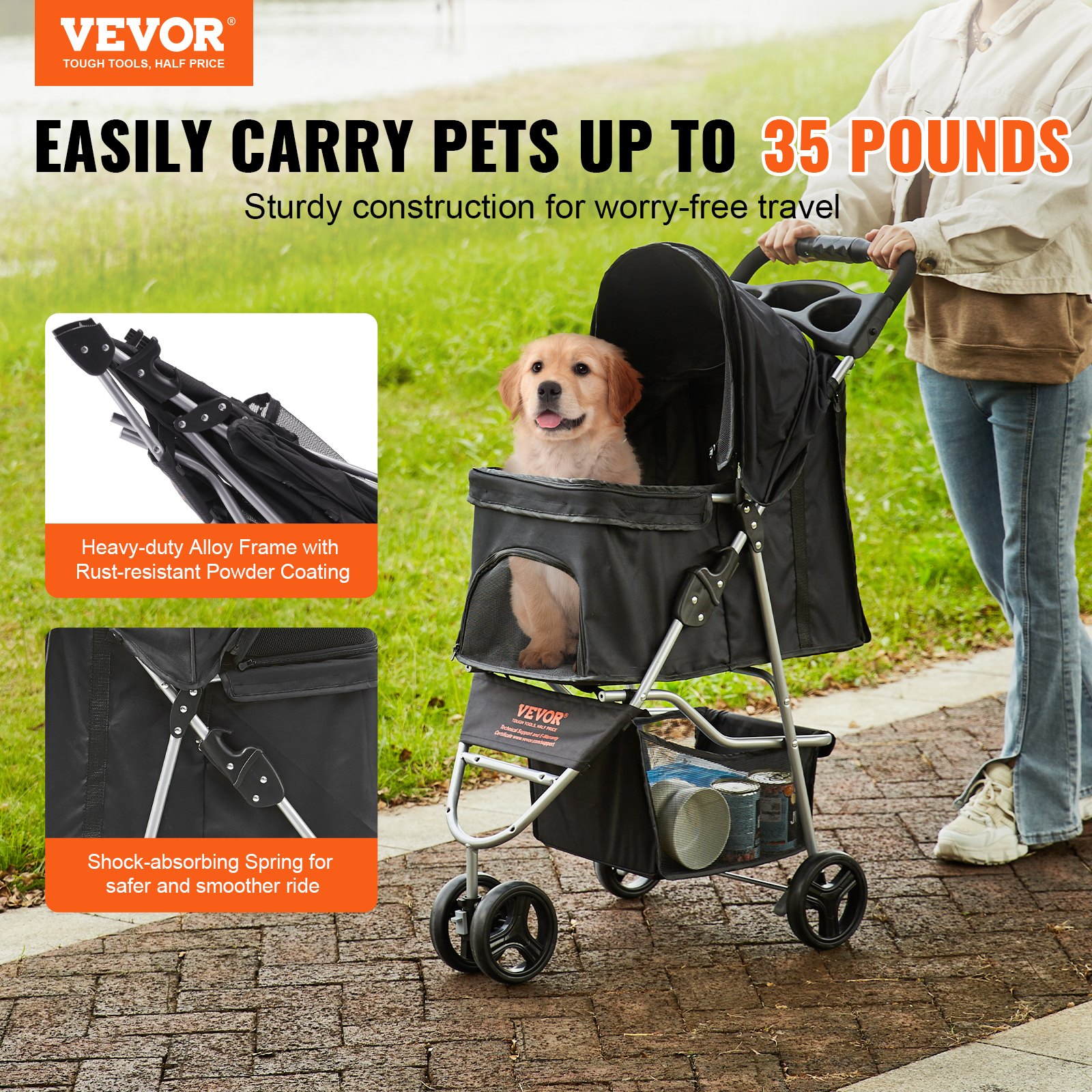 VEVOR Pet Stroller 3 Wheels Dog Stroller with Brakes 35 lbs Weight Capacity