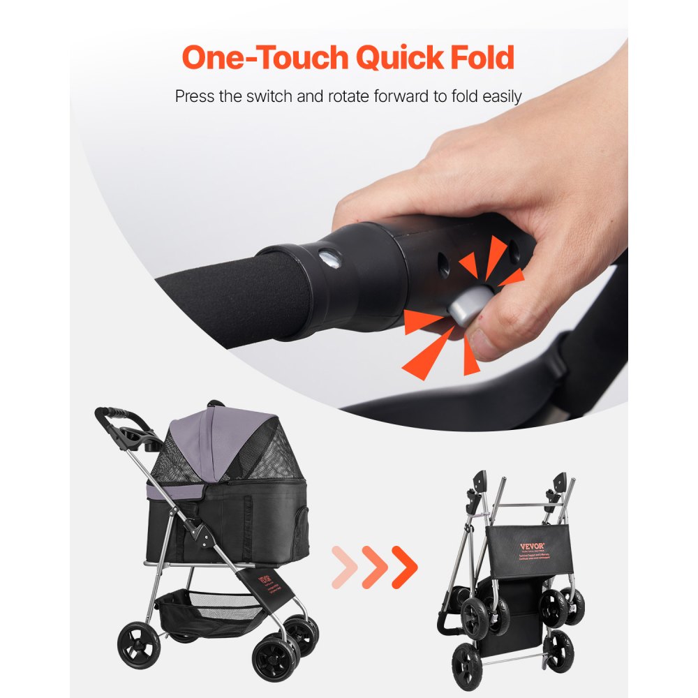 VEVOR Hondenbuggy 81x46x97 cm, laadvermogen 16,9 kg, opvouwbare hondenbuggy, 4-wielbuggy met afneembare drager en gaasvensters, draagbare hondenbuggy met rem voor kleine tot middelgrote huisdieren