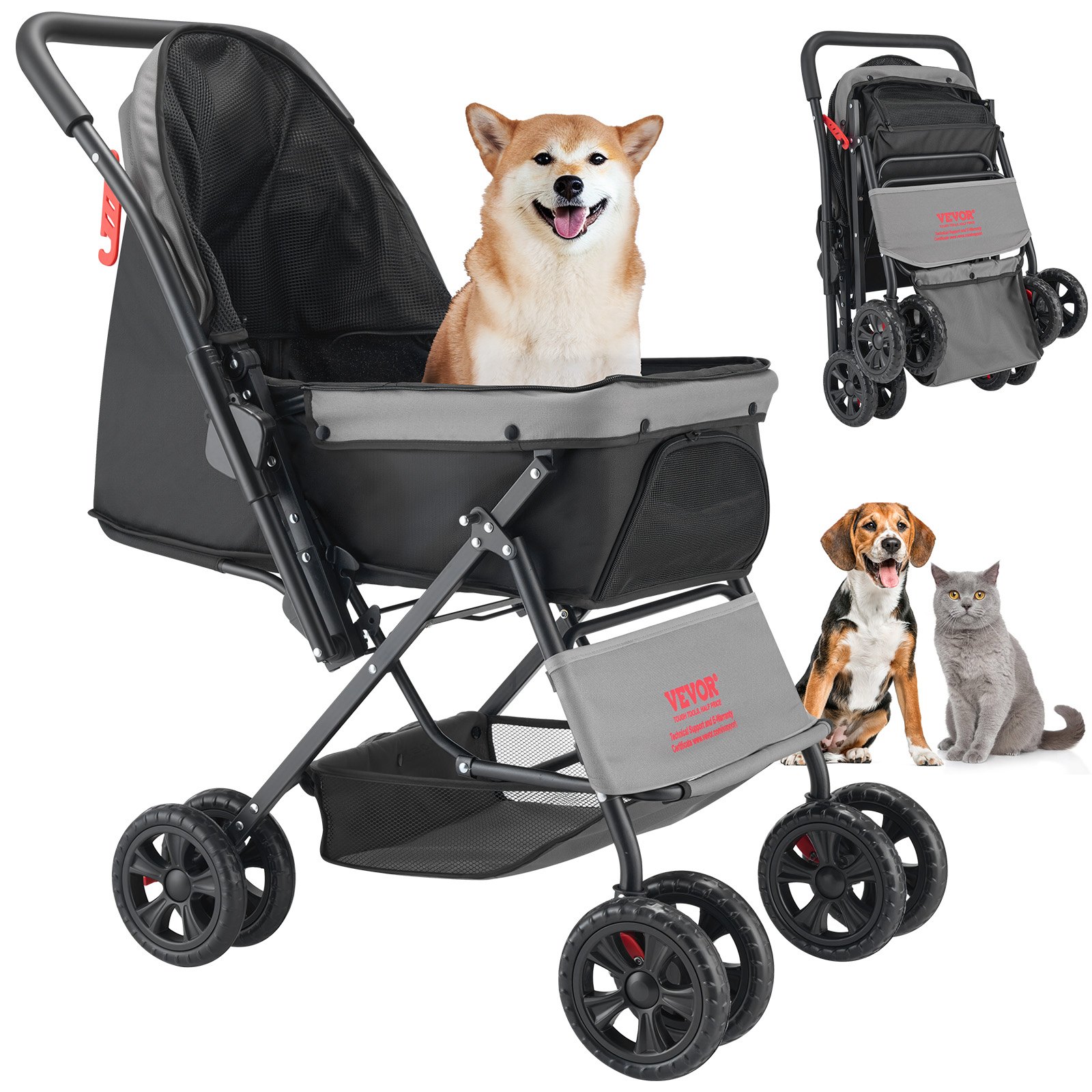 VEVOR Hondenbuggy, laadvermogen 20 kg, opvouwbare hondenkar, hondenbench met 4 wielen, gaasvensters en omkeerbare handgreep, huisdierentransporter met rem, voor kleine tot middelgrote huisdieren