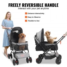 VEVOR Pet Stroller, 4 Wheels Dog Stroller Rotate with Brakes, 44lbs Weight Capacity, Puppy Stroller with Reversible Handlebar, Storage Basket and Zipper, for Dogs and Cats Travel, Black+Grey