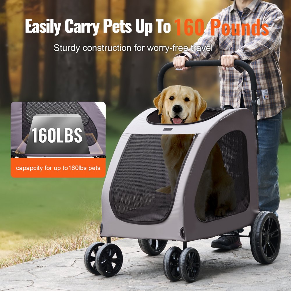 VEVOR Pet Stroller, 4 Wheels Dog Stroller with Brakes, 160lbs Weight Capacity, Portable Puppy Stroller Carrier with Breathable Mesh Windows & Height-Adjustable Height, Animal Stroller for Cats & Dogs