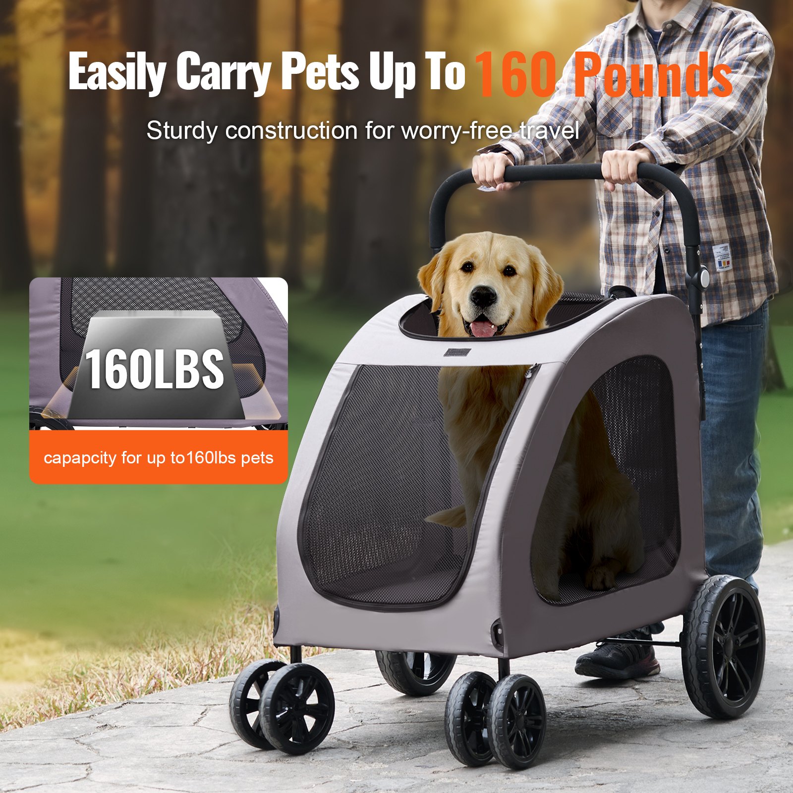 VEVOR Pet Stroller, 4 Wheels Dog Stroller with Brakes, 160lbs Weight Capacity, Portable Puppy Stroller Carrier with Breathable Mesh Windows & Height-Adjustable Height, Animal Stroller for Cats & Dogs