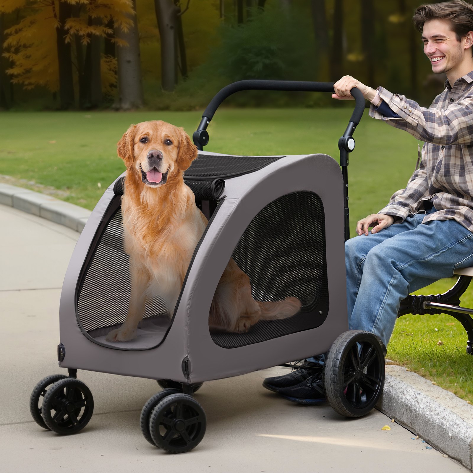 VEVOR Pet Stroller, 4 Wheels Dog Stroller with Brakes, 160lbs Weight Capacity, Portable Puppy Stroller Carrier with Breathable Mesh Windows & Height-Adjustable Height, Animal Stroller for Cats & Dogs