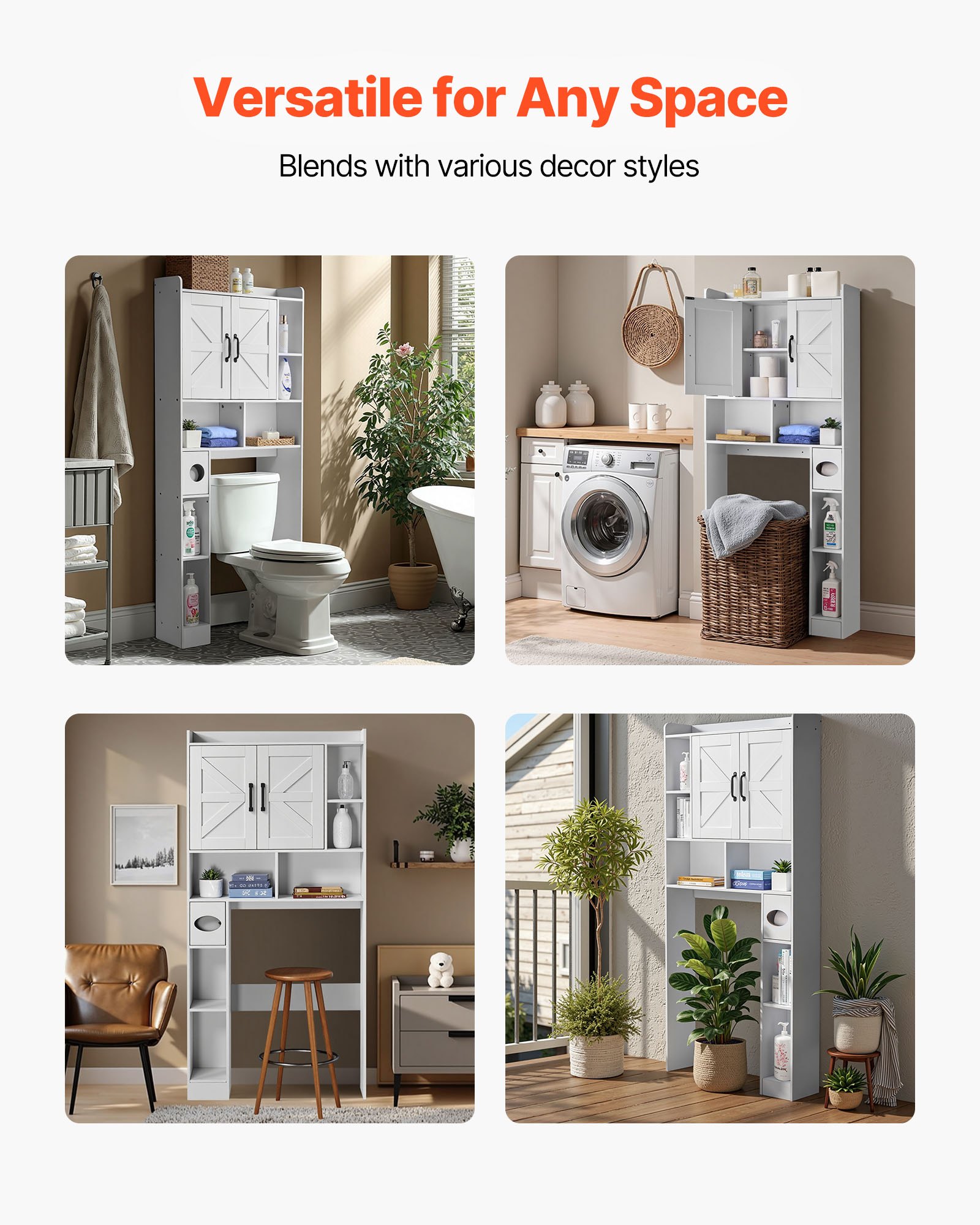 VEVOR Over The Toilet Storage Cabinet, 66.14 in Height Bathroom Storage Organizer with Double Door and Adjustable Shelf, Bathroom Space Saver Organizer Above Toilet with Open Shelf, White