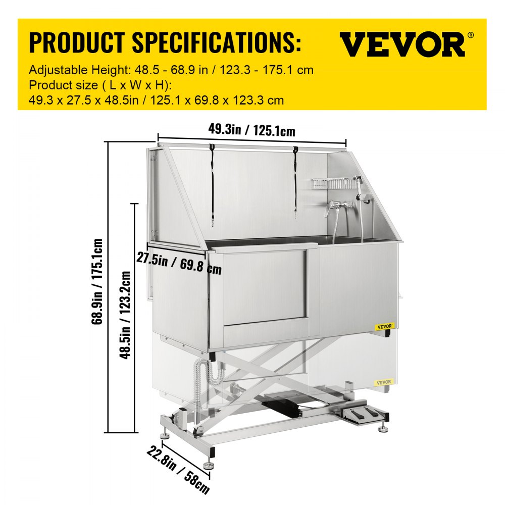 VEVOR Pets Grooming Pets Badkuip met 99,8 kg laadvermogen, roestvrijstalen badkuip met elektrisch in hoogte verstelbare afvoer, antislip hondenbad 1,35 tot 1,85 m hoogteverstelling
