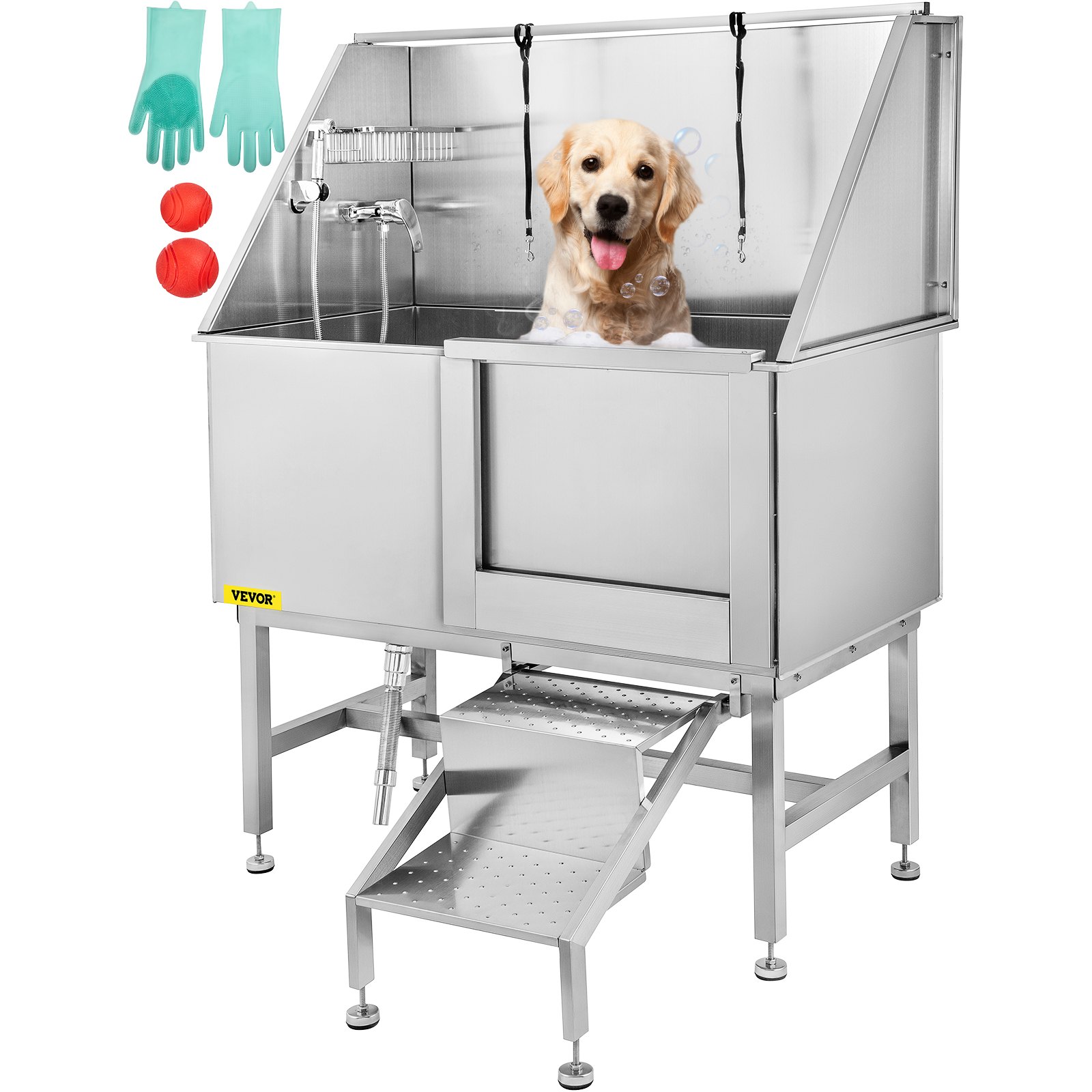 VEVOR 50inch Dog Grooming Tub Baths Dog Grooming Bath Stainless Steel Dog Baths for Large Dogs with Steps Faucet  Dog Washing Station Right Door