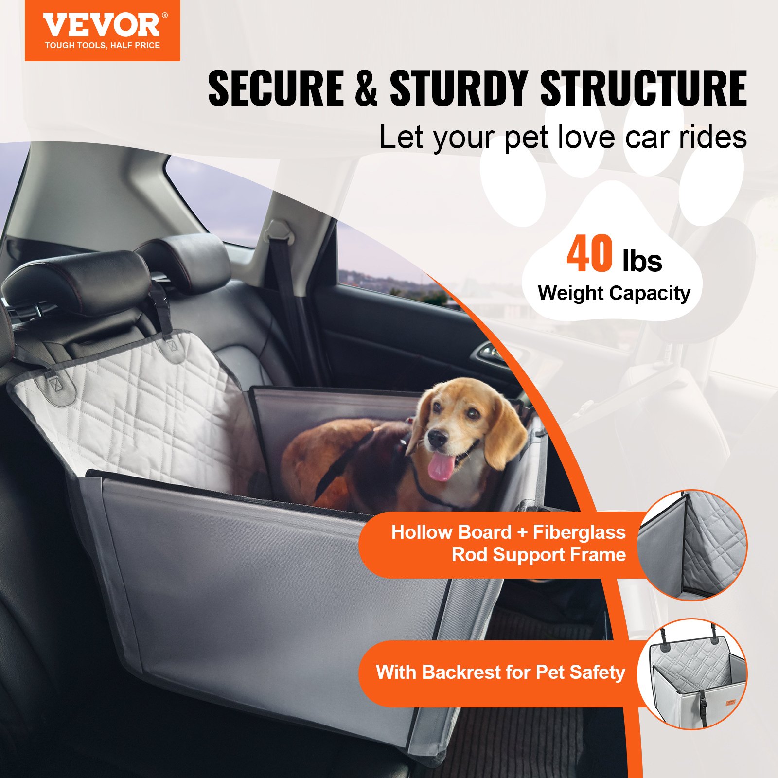VEVOR Dog Car Seat, Waterproof Dog Booster Seat for Car with Support Frame, Pet Car Seat with Clip-On Safety Leash, Dog Car Bed for Small, Medium and Large Dog up to 40 lbs, Gray
