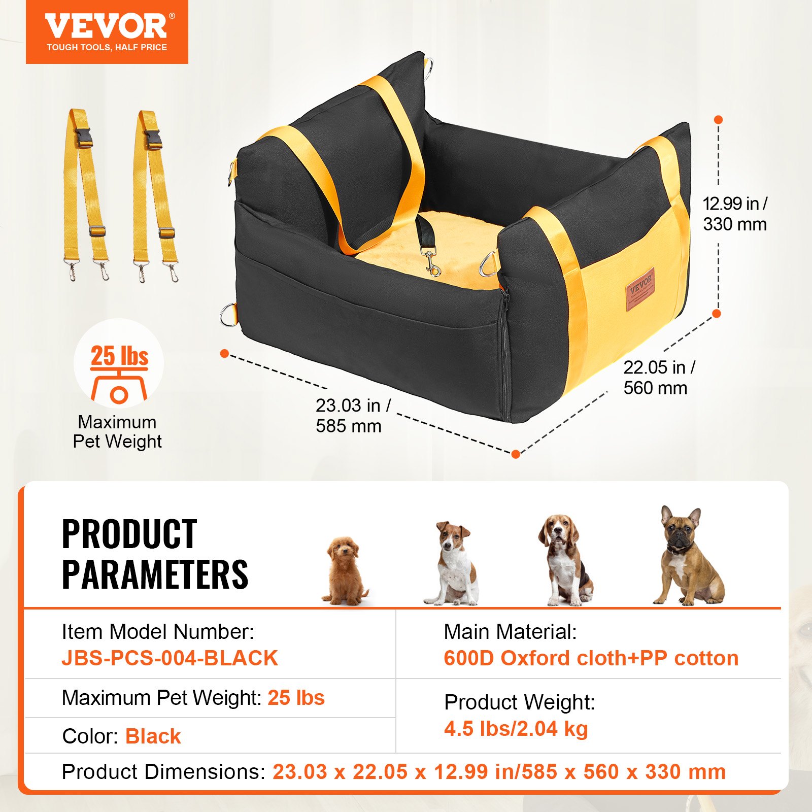 VEVOR Dog Car Seat, Waterproof Dog Booster Seat for Car with Side Handles and A Storage Pocket, Clip-On Safety Leash and PP Cotton Filling, Dog Car Bed for Small Dog up to 25lbs, Black