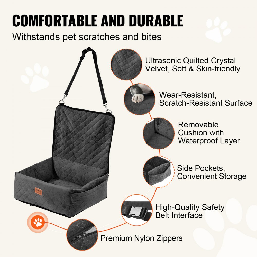 VEVOR Dog Car Seat, Dog Booster Seat for Car with A Storage Pocket, Clip-On Safety Leash, Sponge and PP Cotton Filling, Dog Car Bed for Small & Medium Dog up to 40lbs, Black
