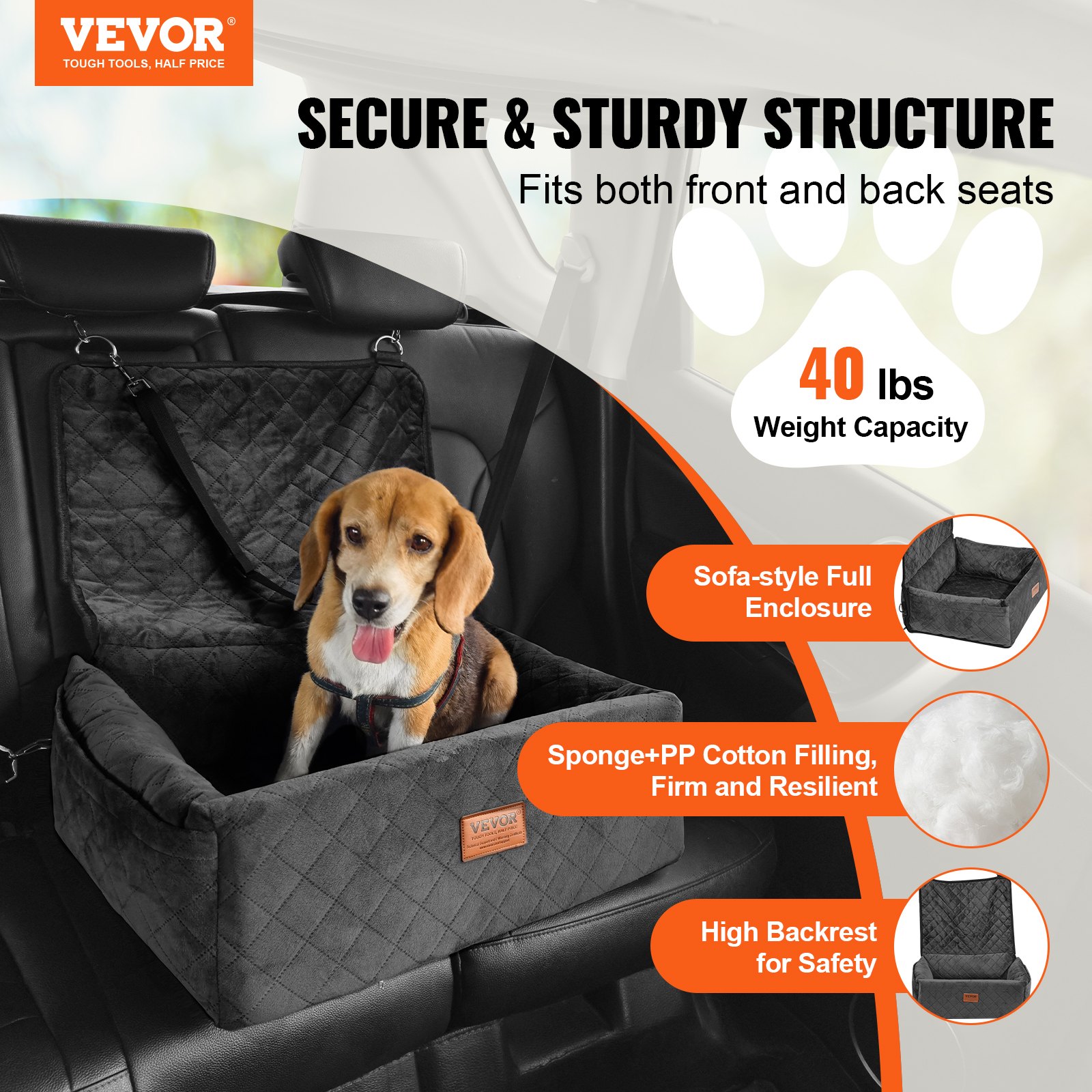 VEVOR Dog Car Seat, Dog Booster Seat for Car with A Storage Pocket, Clip-On Safety Leash, Sponge and PP Cotton Filling, Dog Car Bed for Small & Medium Dog up to 40lbs, Black