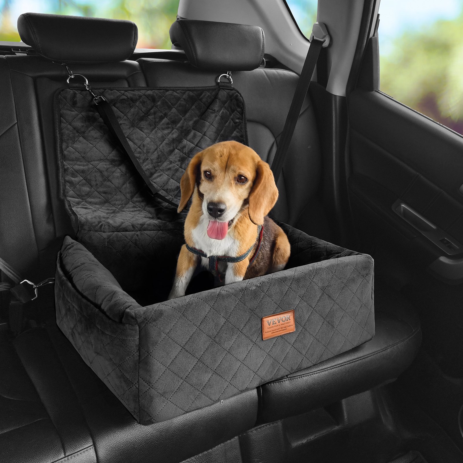 VEVOR Dog Car Seat, Dog Booster Seat for Car with A Storage Pocket, Clip-On Safety Leash, Sponge and PP Cotton Filling, Dog Car Bed for Small & Medium Dog up to 40lbs, Black