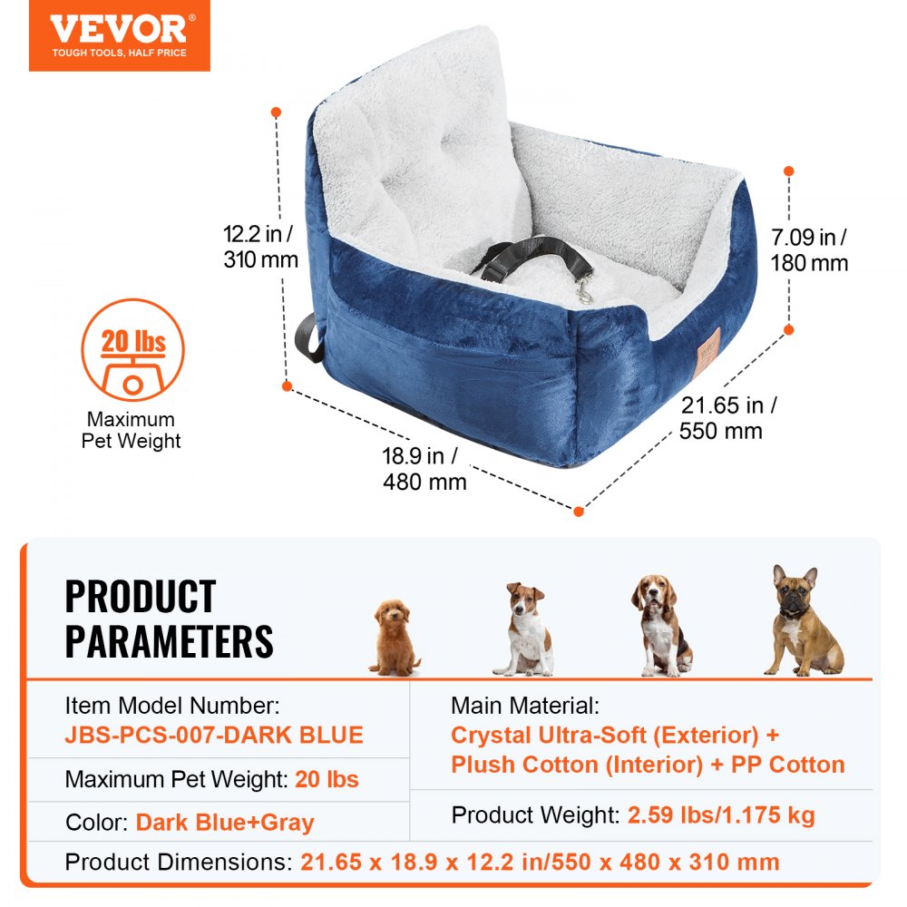 VEVOR Dog Car Seat, Dog Booster Seat for Car with High Back, A Storage Pocket, Clip-On Safety Leash, PP Cotton Filling, Dog Car Bed for Small Dog up to 20lbs, Dark Blue+Gray
