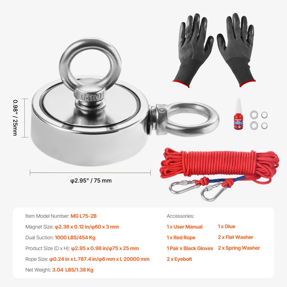 VEVOR Magneetvisset Magneetvisset (rood) 454 kg dubbelzijdige trekkracht, zeldzame aarde neodymium magneetvisset inclusief grijphaak, zwaar touw, handschoenen (zwart), oogboutlijm
