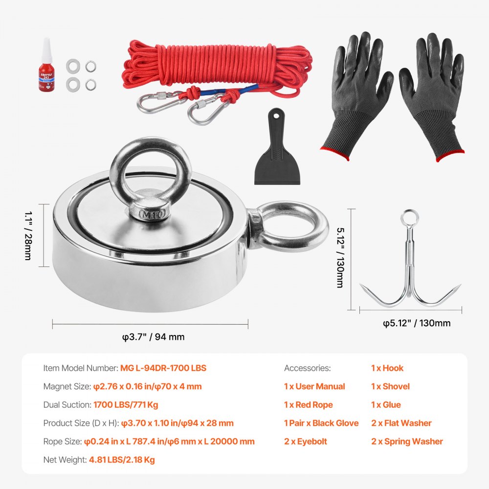 VEVOR Magneetvisset Magneetvisset (rood) 771 kg dubbelzijdige trekkracht, zeldzame aarde neodymium magneetvisset inclusief haak, zwaar touw, handschoenen (zwart), oogbout, lijmschep