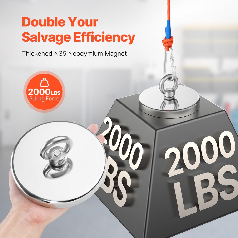 VEVOR Magneetvisset Magneetvisset (oranje) 907 kg eenzijdige trekkracht, zeldzame aarde neodymium magneetvisset inclusief grijphaak, zwaar touw, handschoenen (blauw), draagdoos, oogbout, lijm