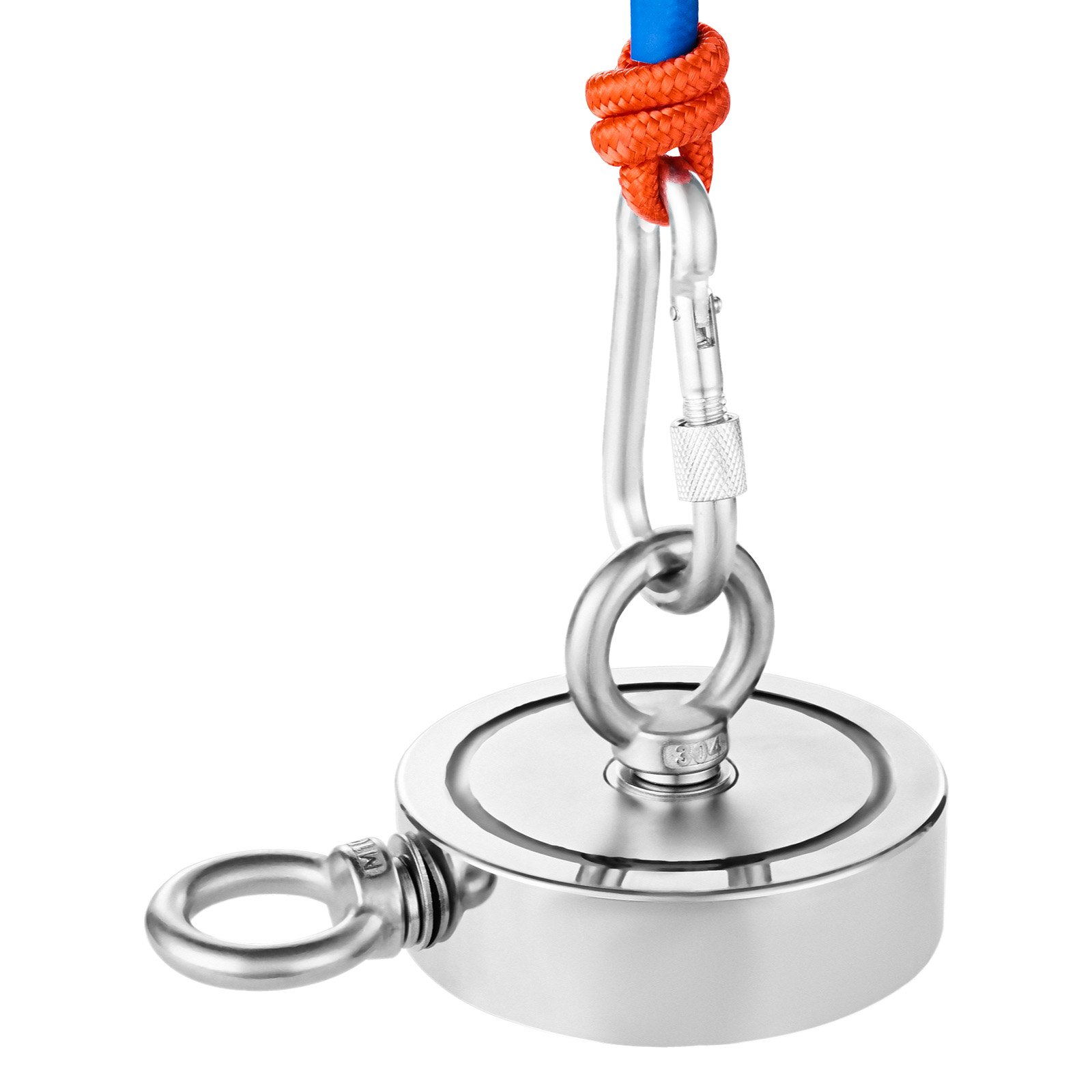 VEVOR Magneetvisset Magneetvisset (oranje) 635 kg dubbelzijdige trekkracht, zeldzame aarde neodymium magneetvisset inclusief grijphaak, zwaar touw, handschoenen (blauw), draagdoos, oogbout