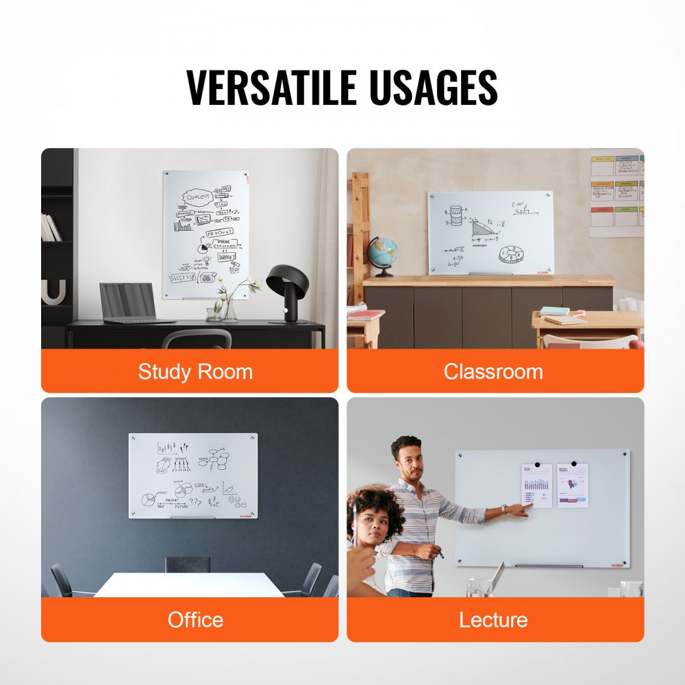 VEVOR Magnetisch Glazen Whiteboard, Whiteboard 90 x 60 cm, Wandgemonteerd Wit Glazen Bord zonder Frame, met Pennenbakje, Wisser & 2 Pennen, Magnetisch Bord Wit