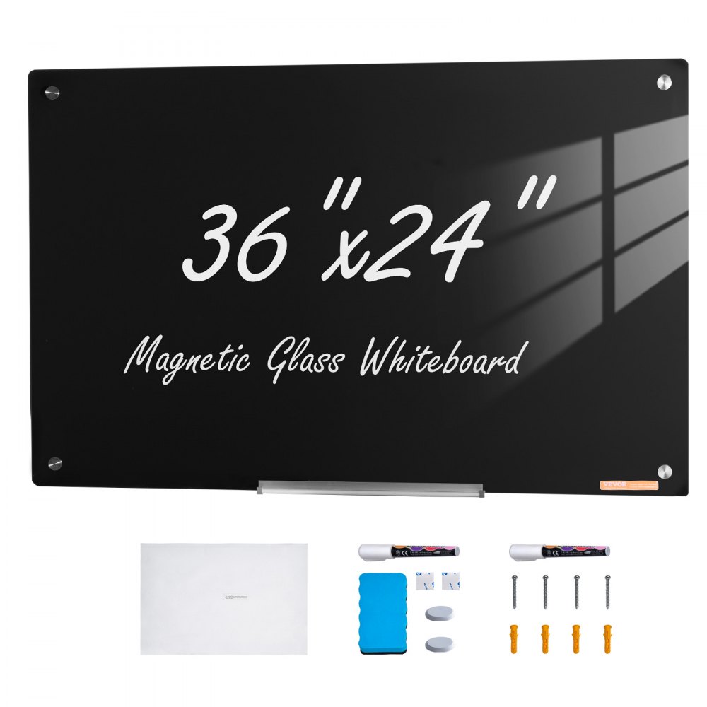 VEVOR magnetic glass whiteboard 36"x24" with markers, eraser, magnets, screws, and wall mounts.