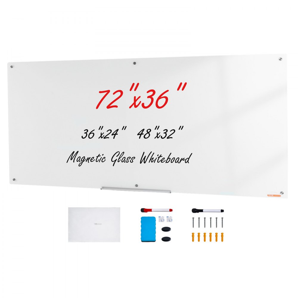 VEVOR magnetisch glazen whiteboard met accessoires en verschillende formaten: 72x36, 36x24, 48x32.