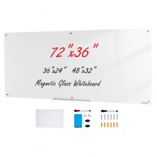 VEVOR magnetisch glazen whiteboard, wandbord droog uitwisbaar bord 1829 x 915 cm, wandgemonteerd wit glazen bord zonder frame, met pennenbak, een gum en 2 pennen, magneetbord wit